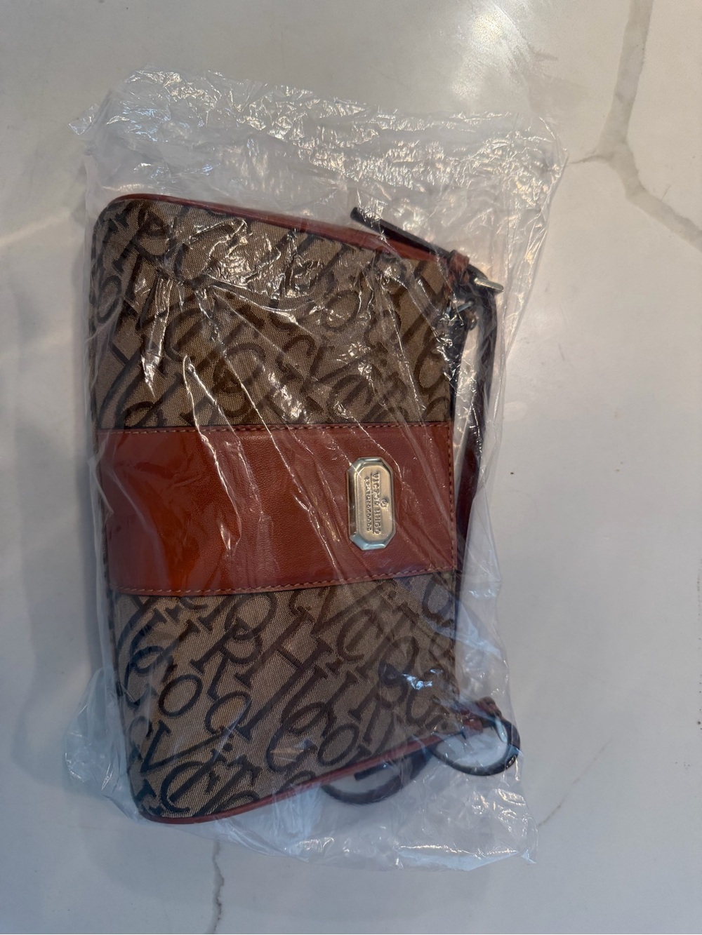 Brown Logo-Pattern Shoulder Crossbody Belt Bag with Tan Accent, Victor Hugo